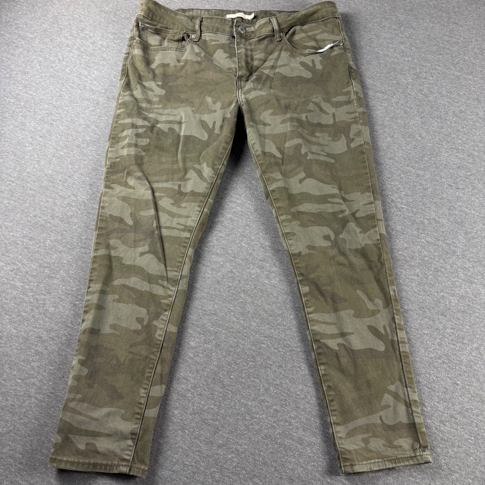 Levis 711 Skinny Jeans Womens 33 Olive Green Camouflage Camo Mid Rise Stretch